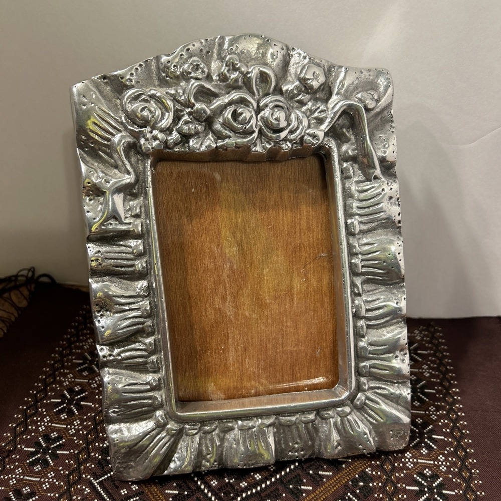 Mexican Pewter Picture Frame Wood Easel Back Heavy Fits 4.5" X 3.25" Photo